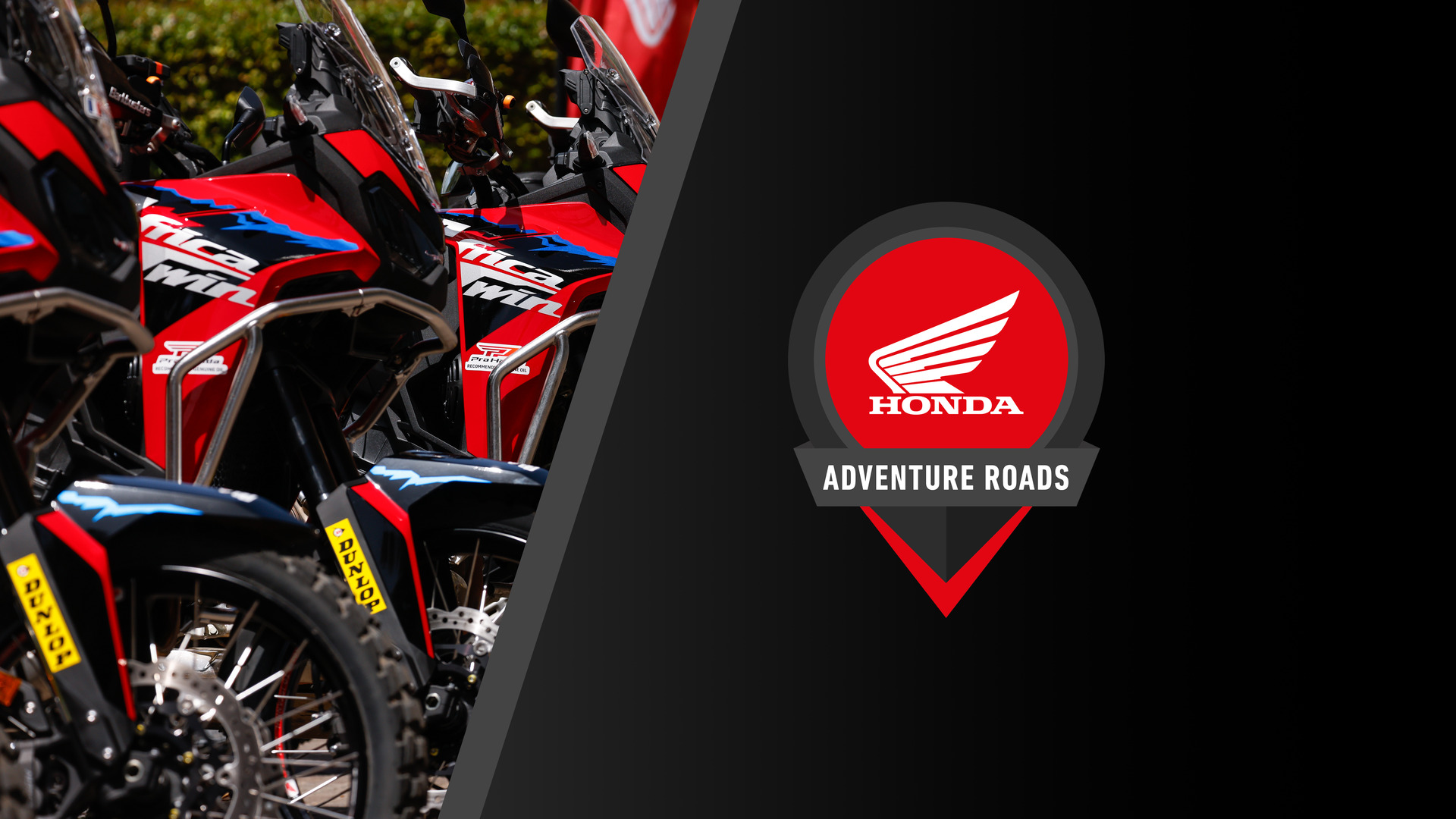 A split image showing Honda Africa Twin motorcycles on the left and the Honda Adventure Roads logo on the right. The motorcycles are red and black, parked in a row. The logo features the Honda wing emblem in red on a black circular background with \"ADVENTURE ROADS\" text below.